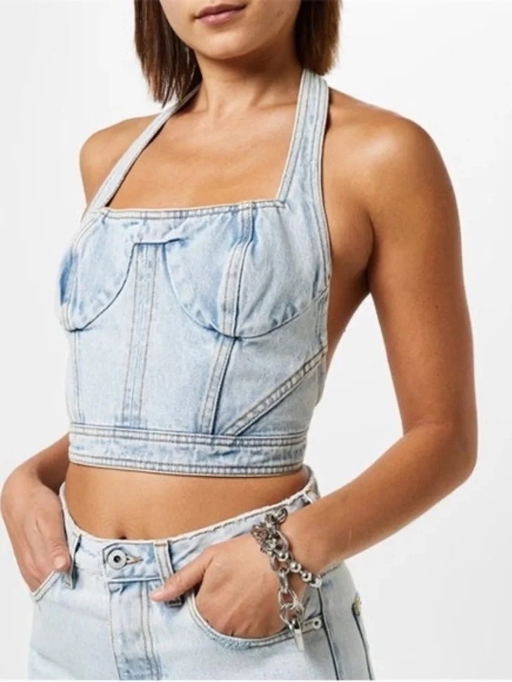 Light Wash Denim Halter Crop Top